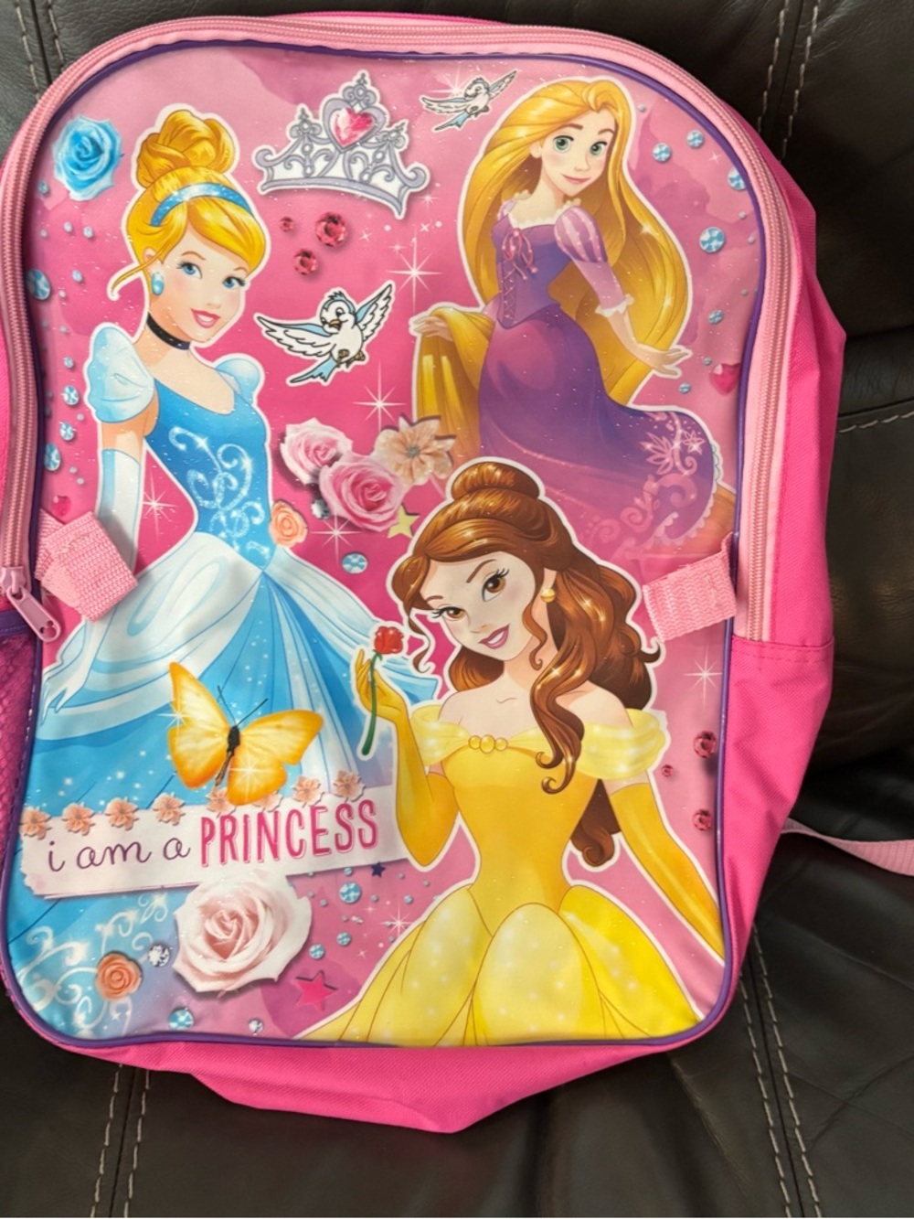 PRINCESS Backpack Full Size  Book Bag Rapunzel Belle Cinderella Pink Side Pocket